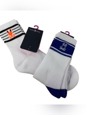 Psycho Bunny Mens 2 pair Cotton Blend Logo White Sports Socks One Size‎ New